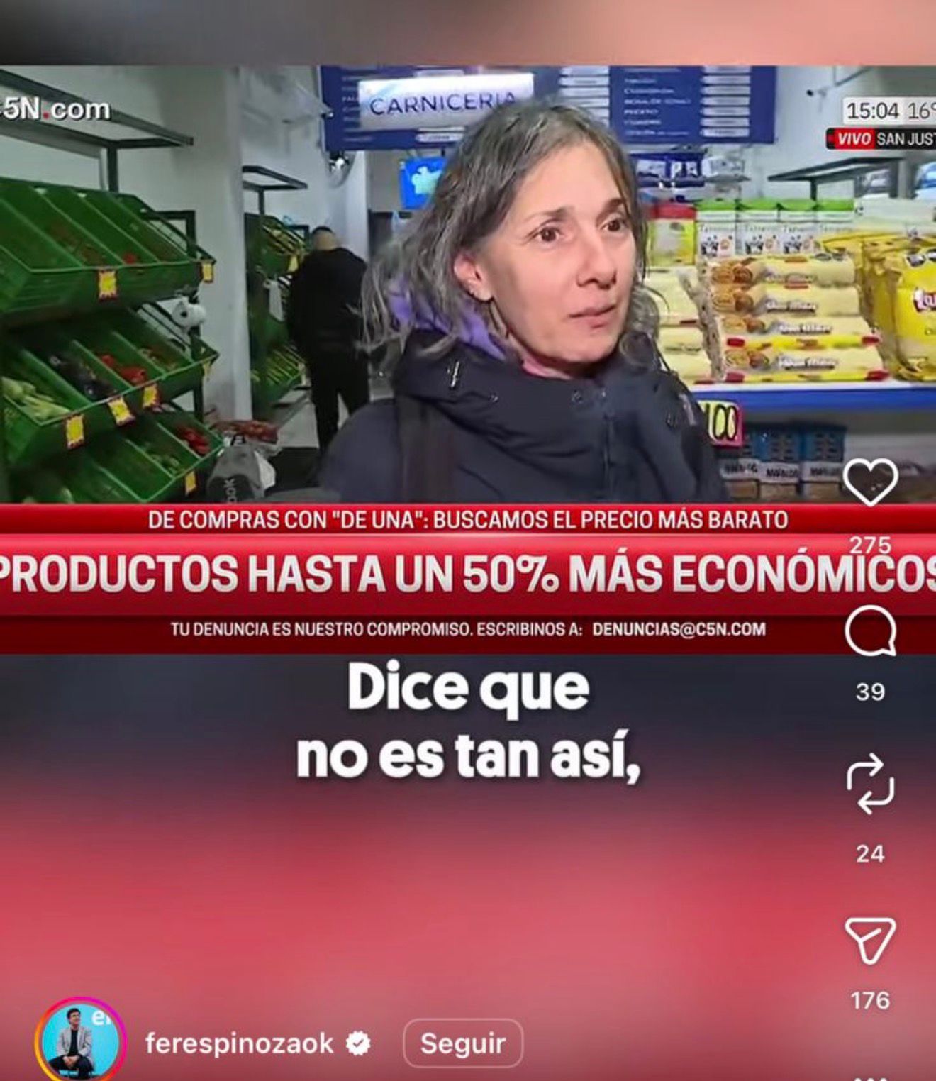 Captura de video de C5N mostrando a una mujer hablando como vecina en una nota periodística