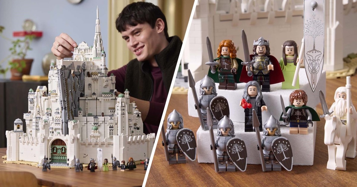 Set de LEGO de Minas Tirith con piezas y minifiguras sobre fondo blanco