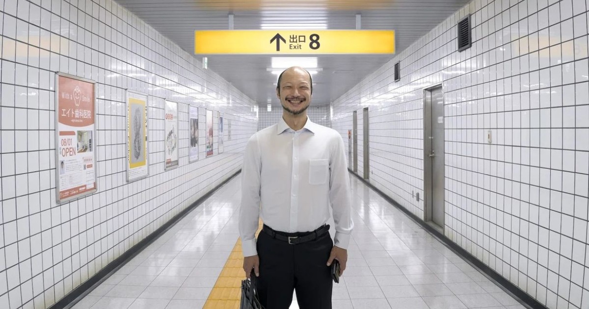Cartel de la película Exit 8 con un pasillo de subte vacío