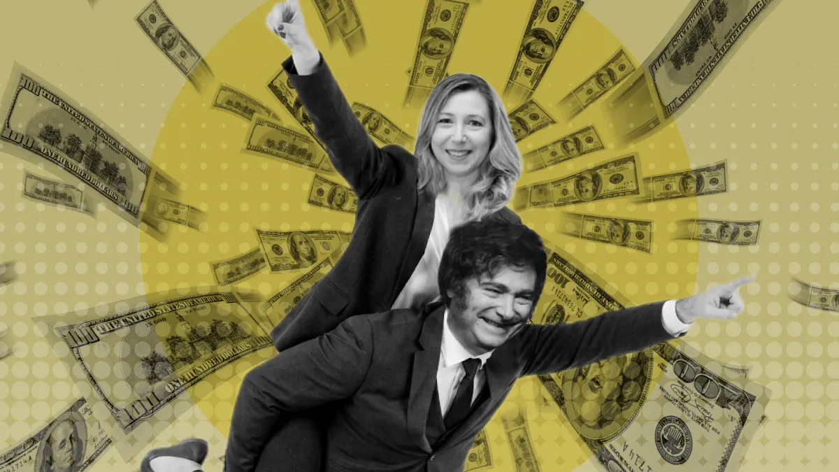 Mercado de cambios con billetes de dólar y pantallas financieras