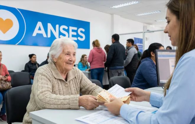 Persona mayor con documento y billetes sobre una mesa