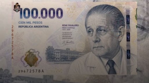 Billete de 100.000 pesos argentinos con el rostro de René Favaloro