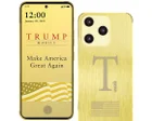 Smartphone dorado de Trump Mobile sobre fondo oscuro