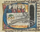 Ilustración medieval en vitela con pan de oro mostrando a Merlín como ciervo parlante