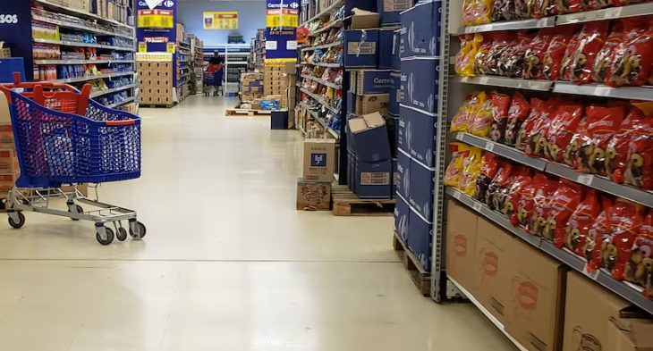 Pasillo de supermercado con estantes parcialmente vacíos y clientes comprando