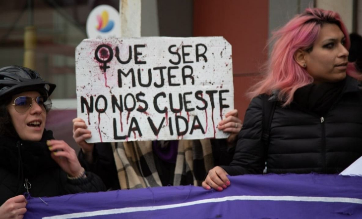 Marcha del Ni Una Menos con carteles violetas frente al Congreso