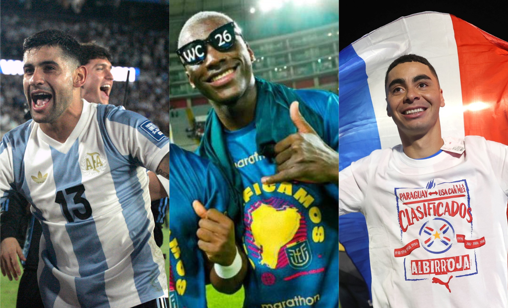 Balón del Mundial 2026 sobre césped con banderas de países sudamericanos