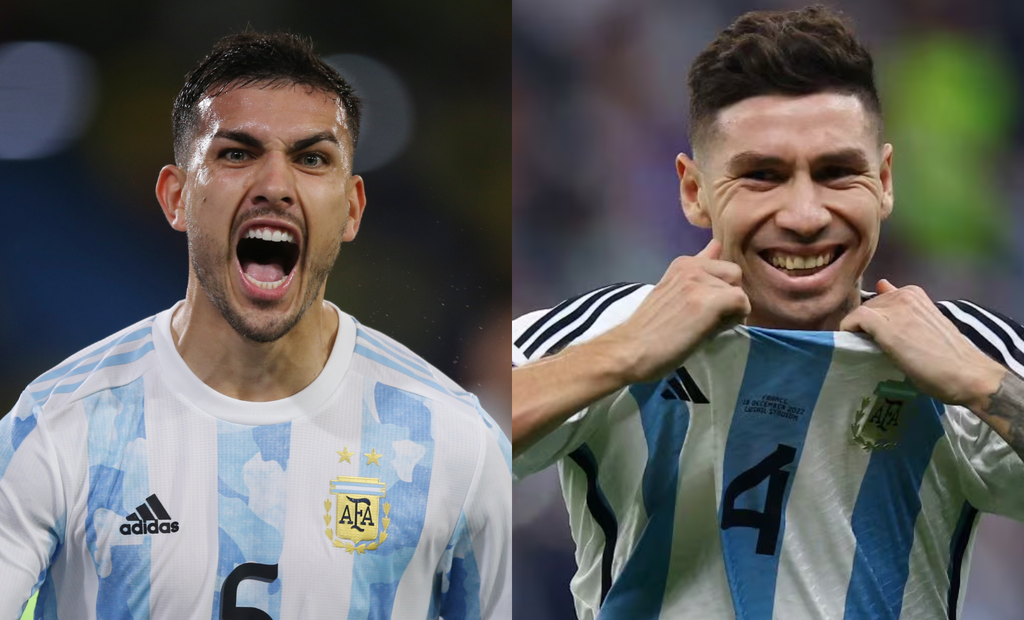 Leandro Paredes y Gonzalo Montiel con la camiseta de la selección argentina