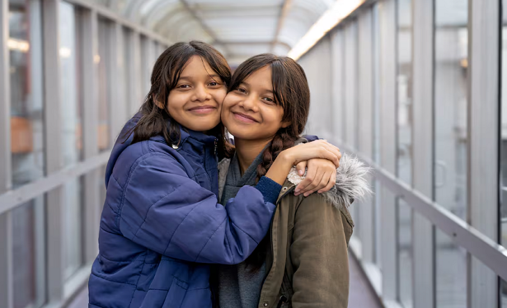 Dos gemelas adolescentes sonriendo en una habitación de hospital