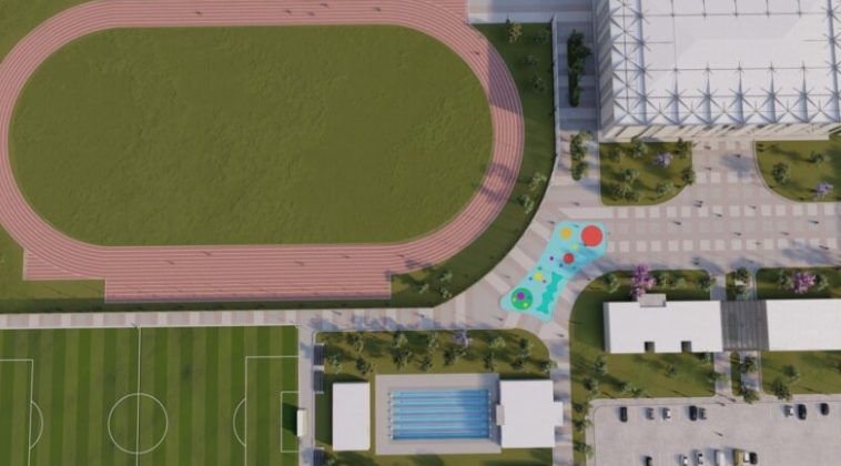 Vista aérea de la construcción del Polideportivo Lionel Messi en Virrey del Pino