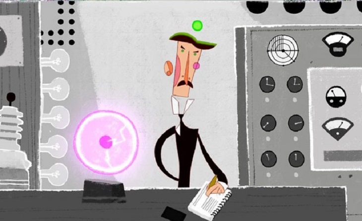 Escena del cortometraje animado ON/OFF con personajes históricos en un entorno surrealista