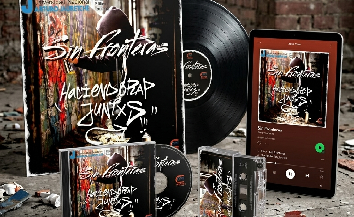 Portada del disco Sin fronteras con ilustración de manos unidas y banderas latinoamericanas