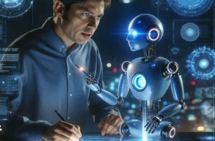 Persona usando una laptop con íconos de inteligencia artificial flotando