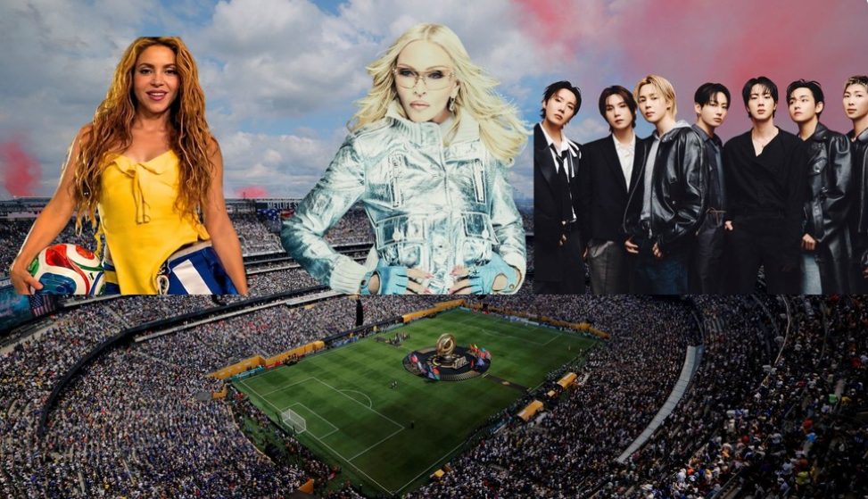 Estadio con público y escenario montado para un show de medio tiempo