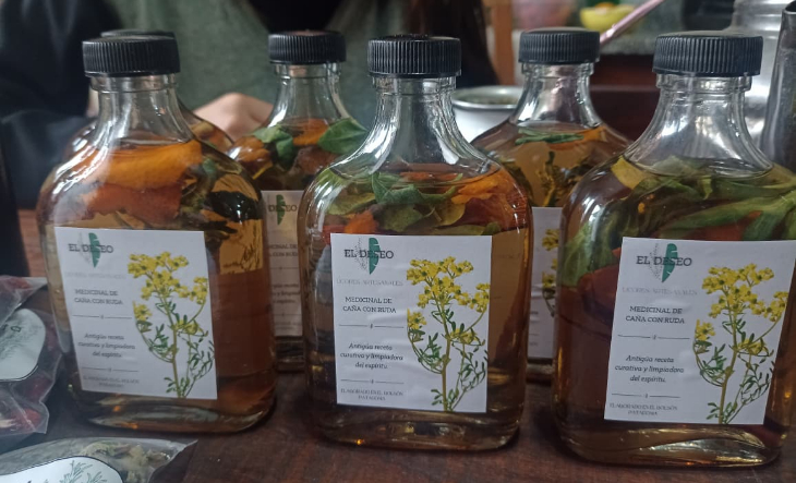 Botella de caña con ruda y hojas de ruda sobre una mesa