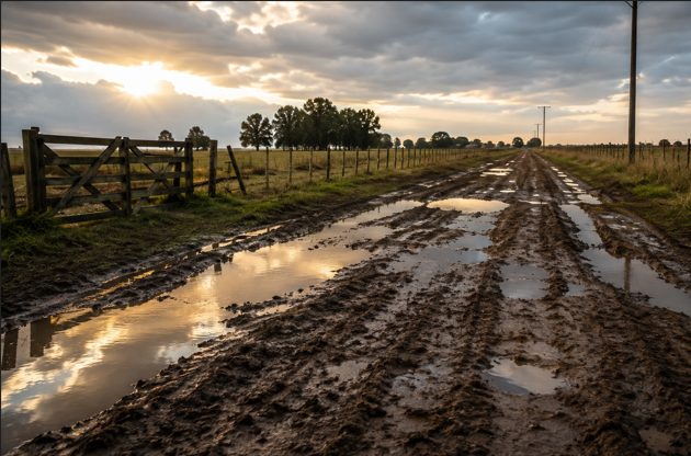 Camino rural bonaerense en mal estado con huellas de vehículos