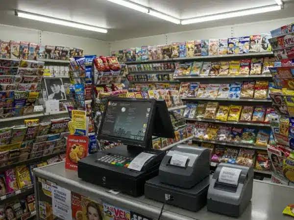 Kiosco cerrado con persiana baja en la vía pública