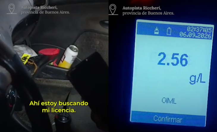 Agente de tránsito realizando un control de alcoholemia en una autopista