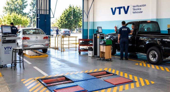 Planta de verificación técnica vehicular con autos en fila para la inspección