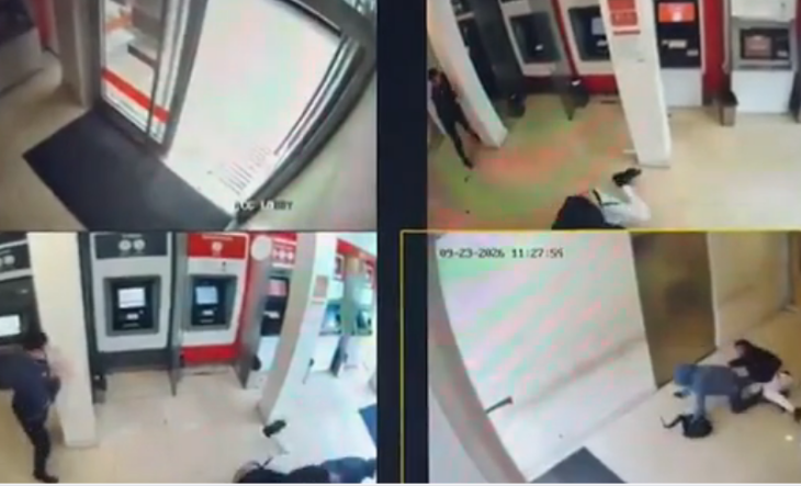 Cámaras de seguridad muestran el forcejeo entre un cliente y un asaltante frente a los cajeros de un banco