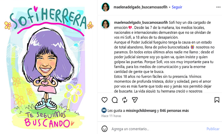 Carta de María Elena Delgado por los 18 años de la desaparición de Sofía Herrera